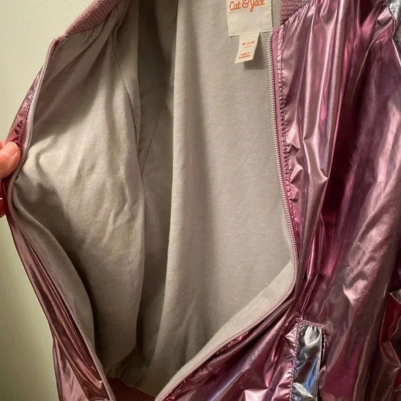 Cat & jack silver and pink shiny lightweight zip up jacket medium 7/8  ribbed - Picture 9 of 11